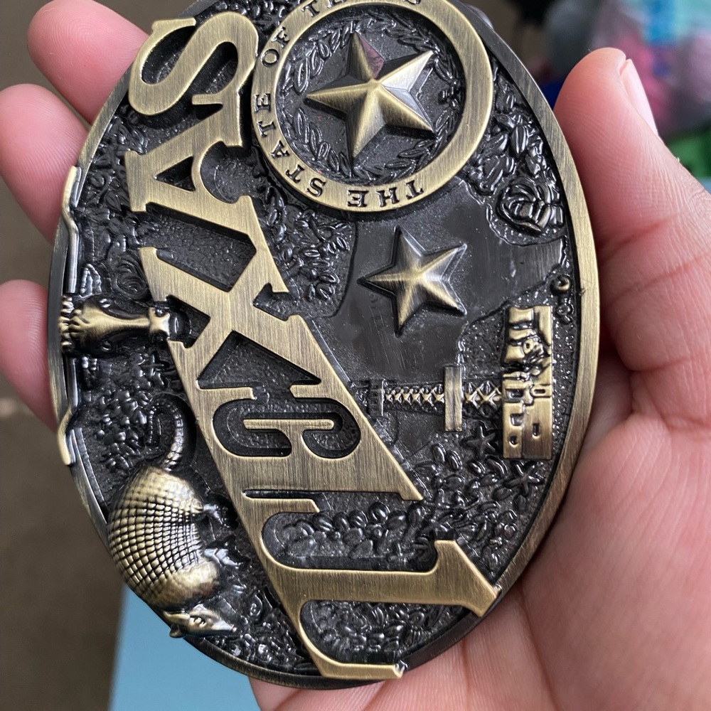 Texas Belt Buckle with Armadillo and Longhorn - Picture 2 of 3